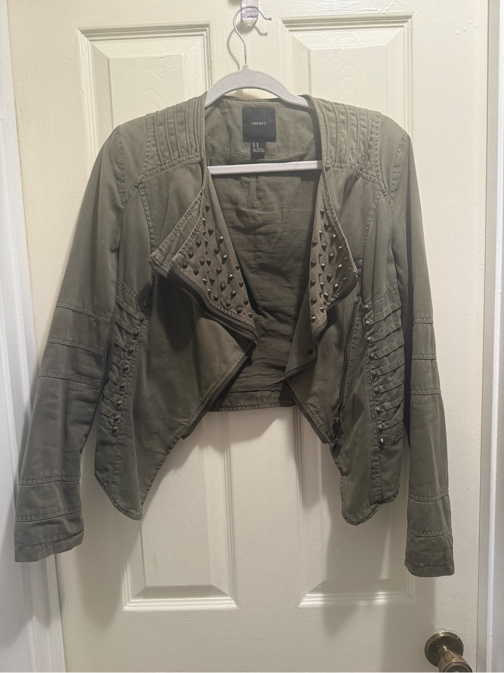 Forever 21 Olive Stud-Trim Cropped Jacket